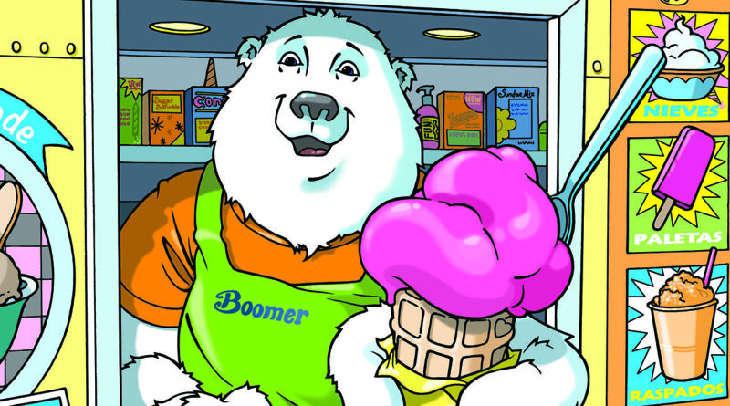 A friendly cartoon polar bear named Boomer is selling ice cream from a colorful truck. He’s holding a big pink scoop in a cone and smiling. The truck says “AZ Freeze” and “$5 each.”