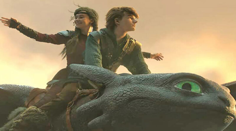 Two kids riding on top of a flying dragon