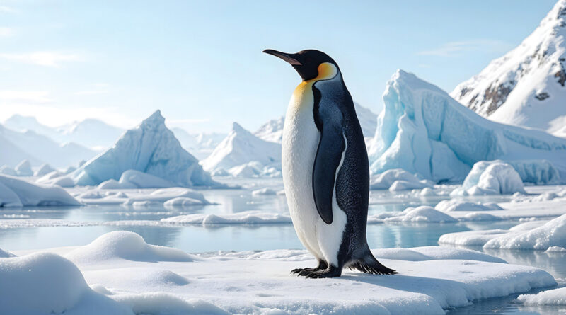 A majestic Emperor penguin stands gracefully on an ice floe in Antarctica, surrounded by stunning icy landscapes under a clear blue sky. Perfect for wildlife and nature themes.