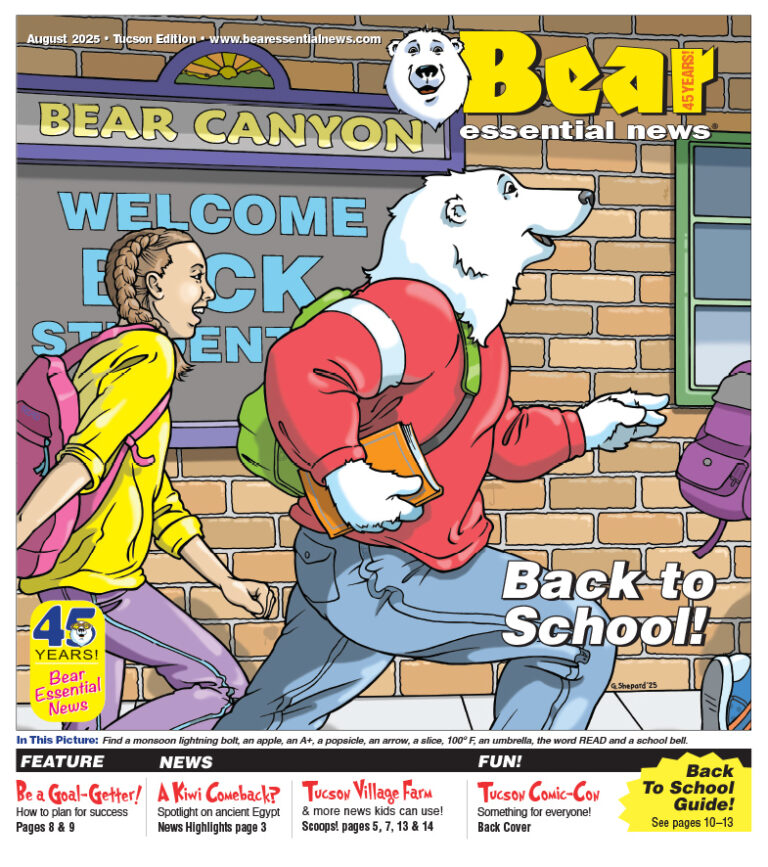 A cartoon polar bear, Boomer wearing a red hoodie and backpack rushes to school with a girl beside him. They pass a sign that says "Welcome Back Students" at Bear Canyon School. Boomer holds notebooks and looks excited.