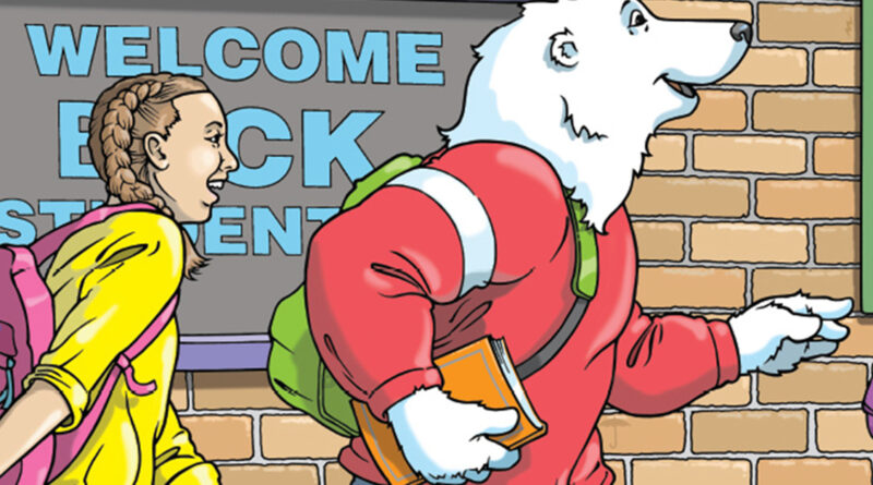 A cartoon polar bear, Boomer wearing a red hoodie and backpack rushes to school with a girl beside him. They pass a sign that says "Welcome Back Students" at Bear Canyon School. Boomer holds notebooks and looks excited.
