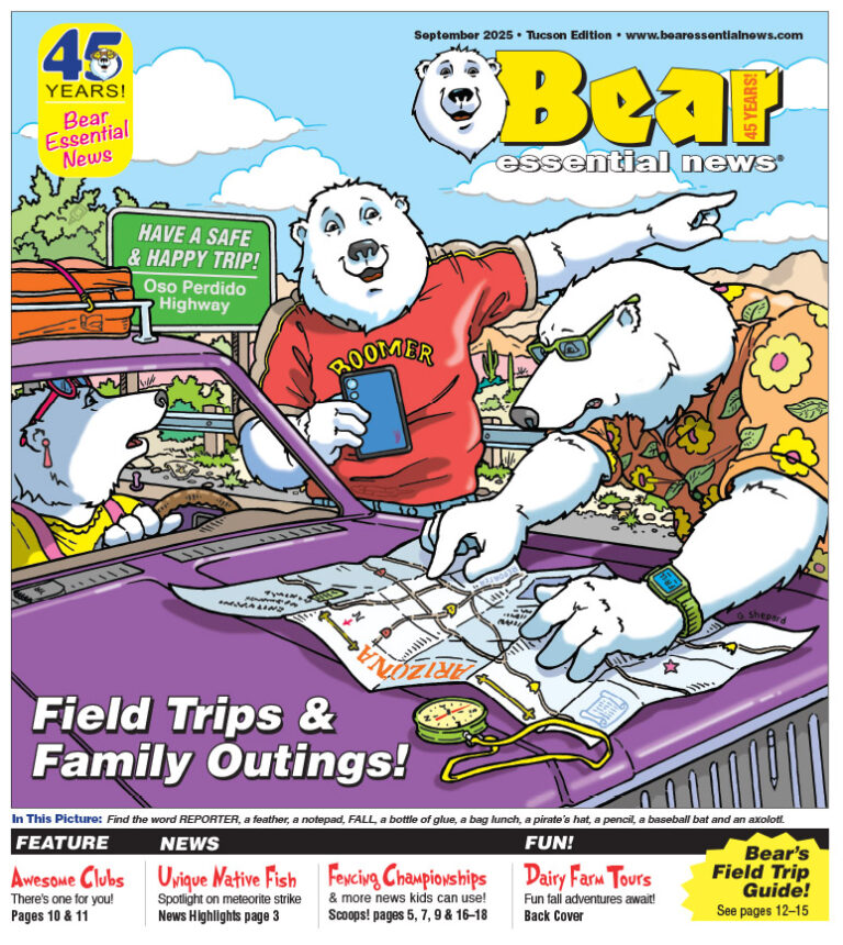 Three cartoon polar bears are planning a trip. One is driving, one holds a phone, and one points at a map of Arizona spread out on the car. Text says, “Field Trips & Family Outings!”