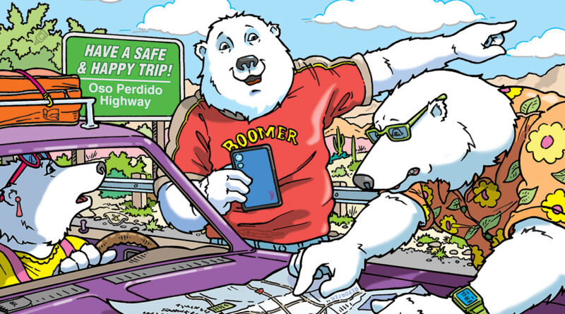 Three cartoon polar bears are planning a trip. One is driving, one holds a phone, and one points at a map of Arizona spread out on the car.