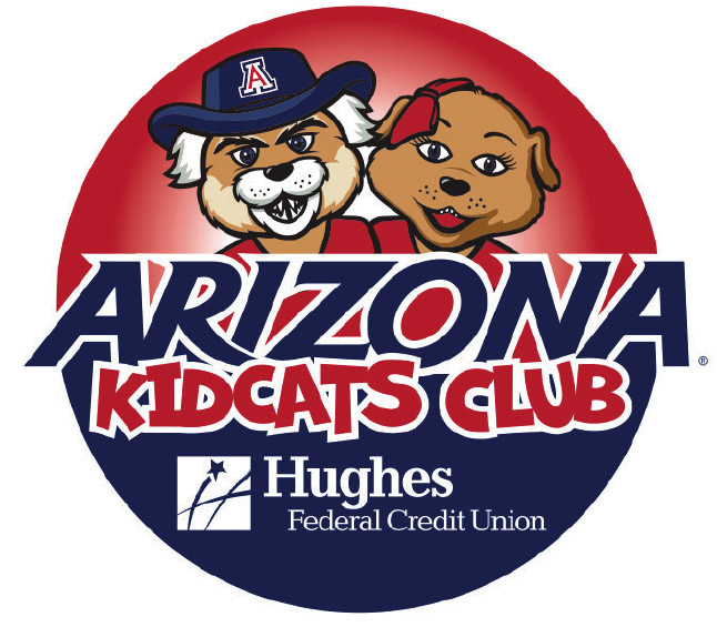 Arizona Kidcats Club logo with two cartoon mascots - a wildcat and dog - sponsored by Hughes Federal Credit Union.