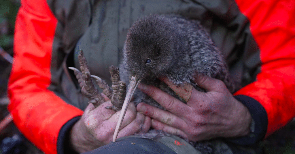 A person wearing an orange and green jacket is gently holding a fluffy brown kiwi bird with a long beak and big feet. The bird looks calm and is resting in the person's hands.