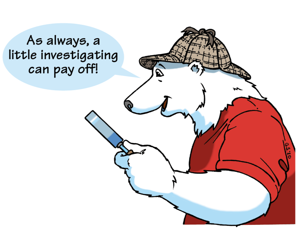 Boomer the polar bear wearing a detective hat and red shirt holds a magnifying glass. A speech bubble says "As always, a little investigating can pay off!"