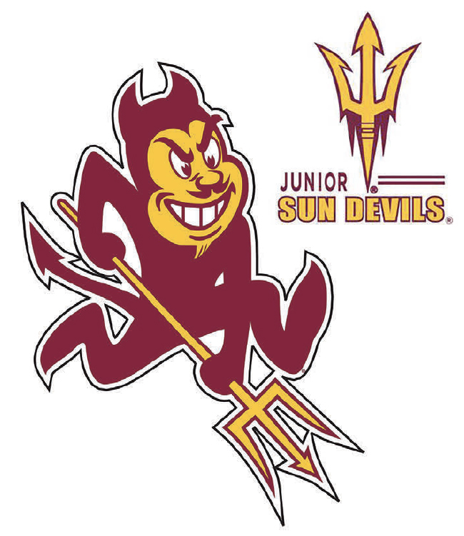 A cartoon devil with a big smile is holding a pitchfork and running. The words “Junior Sun Devils” and a yellow trident are next to him.