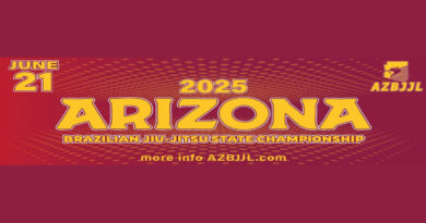 Bright poster for the 2025 Arizona Brazilian Jiu-Jitsu State Championship. It says the event is on June 21 and gives a website: AZBJJL.com for more info.