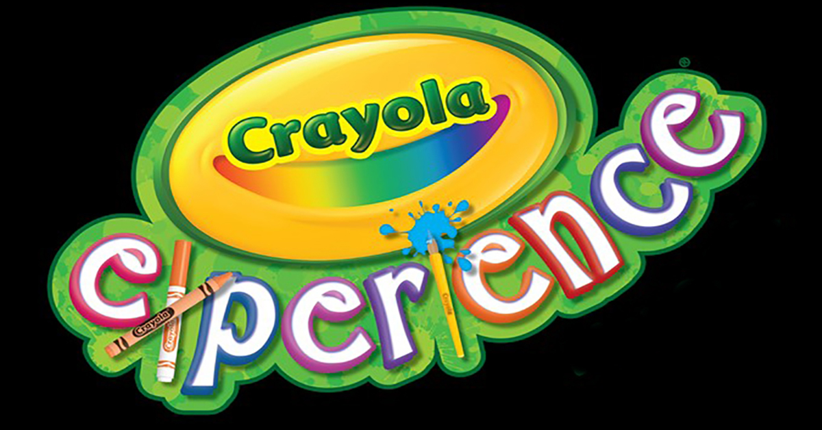 A bright, colorful Crayola Experience logo with rainbow letters, crayons, and a paintbrush invites kids to a fun, hands-on creative adventure.
