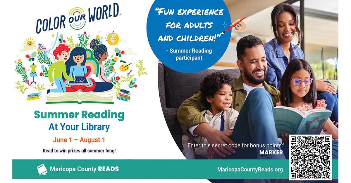 A smiling family sits on a couch reading together. The poster says “Color Our World – Summer Reading at Your Library” from June 1 to August 1.