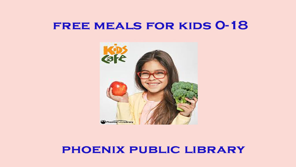 Girl with glasses holding an apple on one hand and brocolli on the other hand. Free Meals for Kids 0–18 a the Phoenix Public Library.