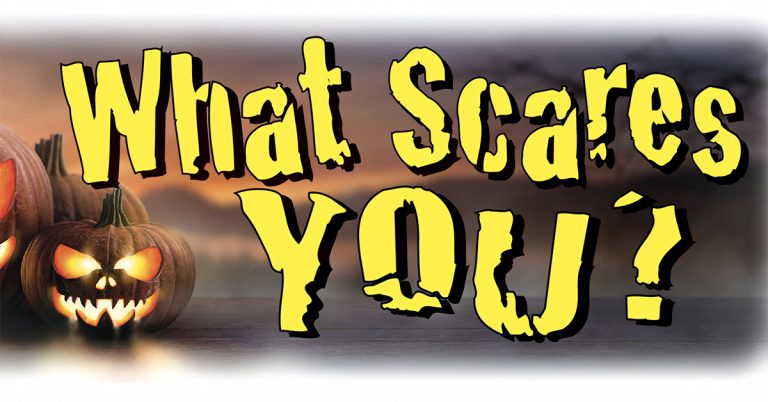 Glowing jack-o'-lanterns with scary faces next to the big yellow words "What Scares You?"