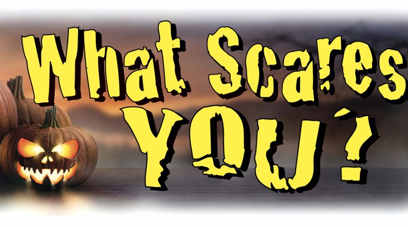 Glowing jack-o'-lanterns with scary faces next to the big yellow words "What Scares You?"