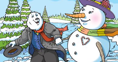 Boomer the polar bear is holding hands with a snowwoman. They are ice skating through a snowy forest filled with pine trees.