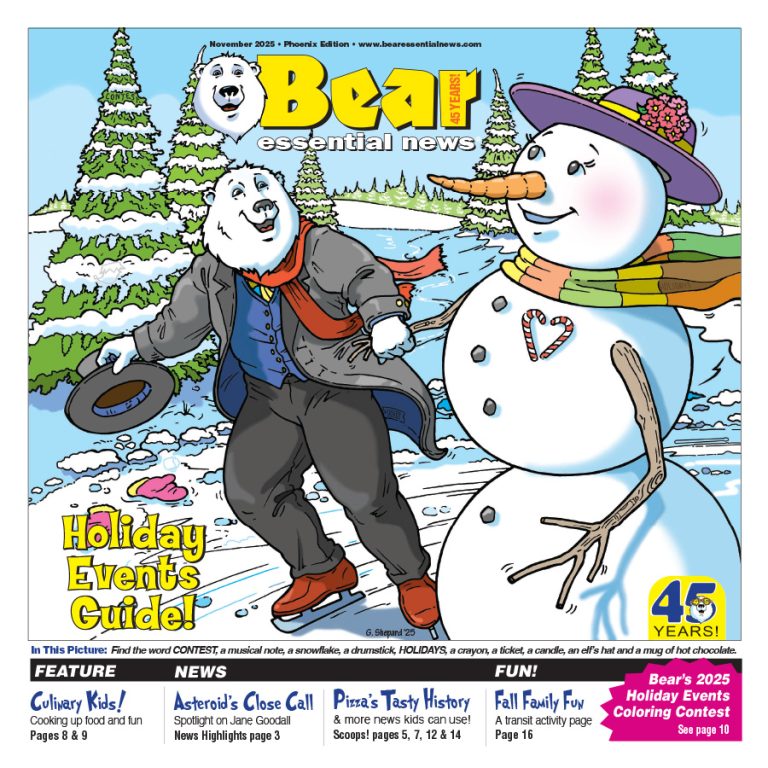 Front Cover for November 2025: Boomer the polar bear is holding hands with a snowwoman. They are ice skating through a snowy forest filled with pine trees.