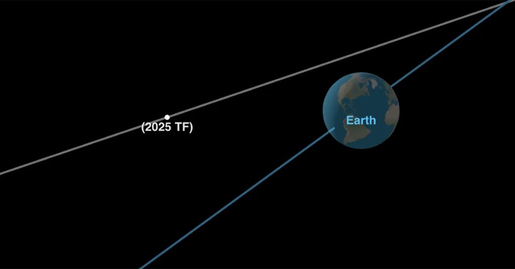 A small white dot labeled “2025 TF” shows an asteroid flying past Earth on a dark background with orbit lines.