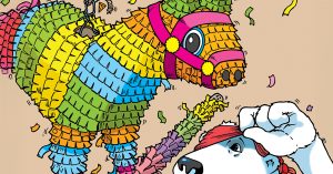 Boomer the bear wears a red bandana and swings a colorful stick at a rainbow donkey piñata. Confetti flies in the air as he plays.