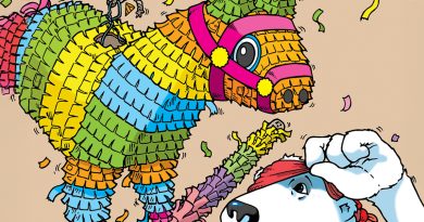 Boomer the bear wears a red bandana and swings a colorful stick at a rainbow donkey piñata. Confetti flies in the air as he plays.