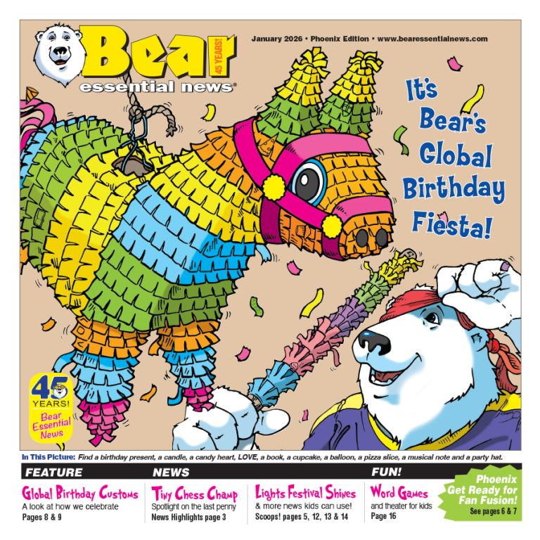 Boomer the bear wears a red bandana and swings a colorful stick at a rainbow donkey piñata. Confetti flies in the air as he plays. Type reads It's Bear's Global Birthday Fiesta!
