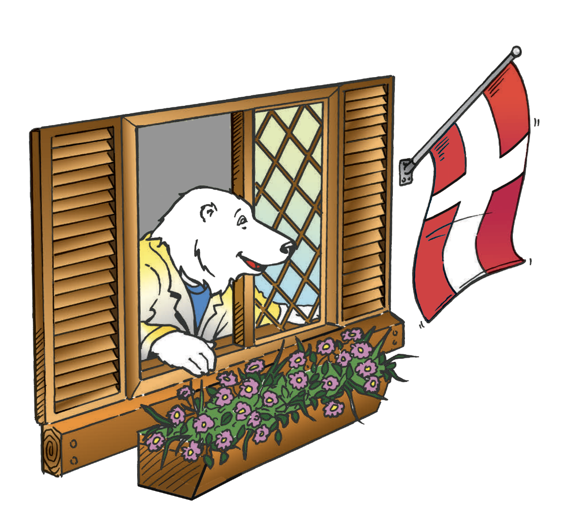 Boomer looks out a window with flowers below. A red and white Danish flag hangs outside.