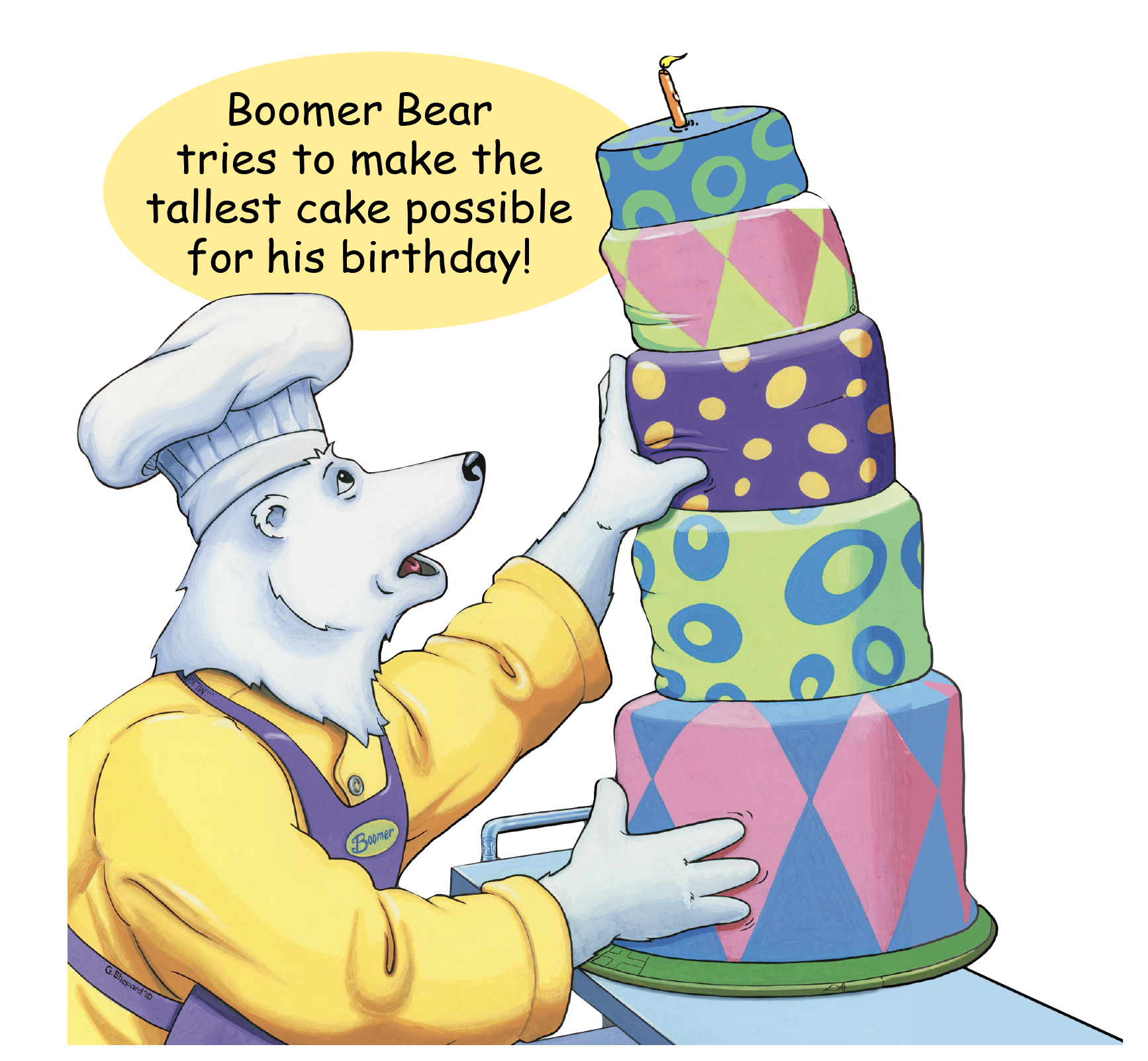 Boomer the polar bear stacks a tall, colorful birthday cake. He wants it to be the tallest cake ever.