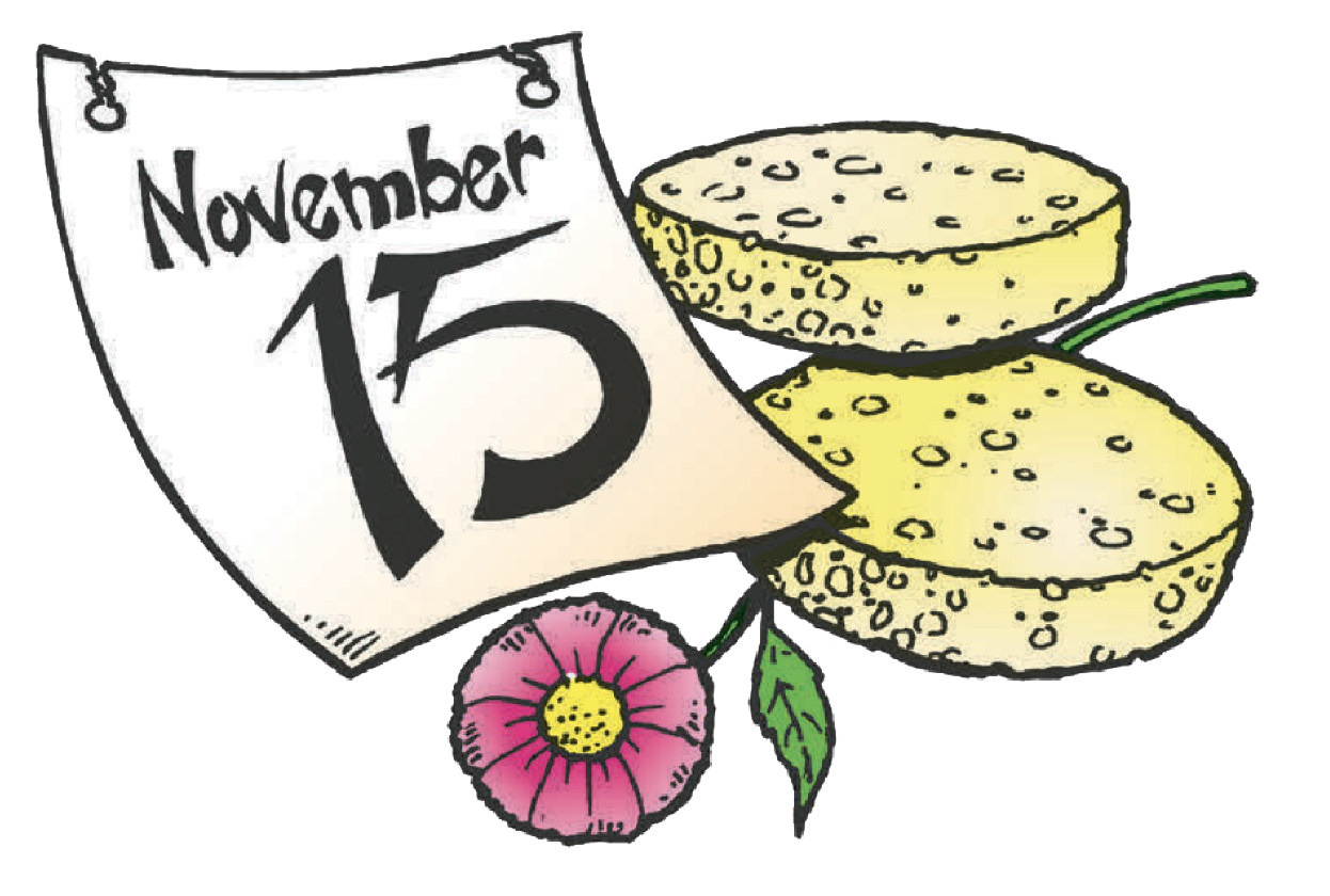 A calendar shows November 15. Next to it are two yellow arepas and a pink flower with a green stem.