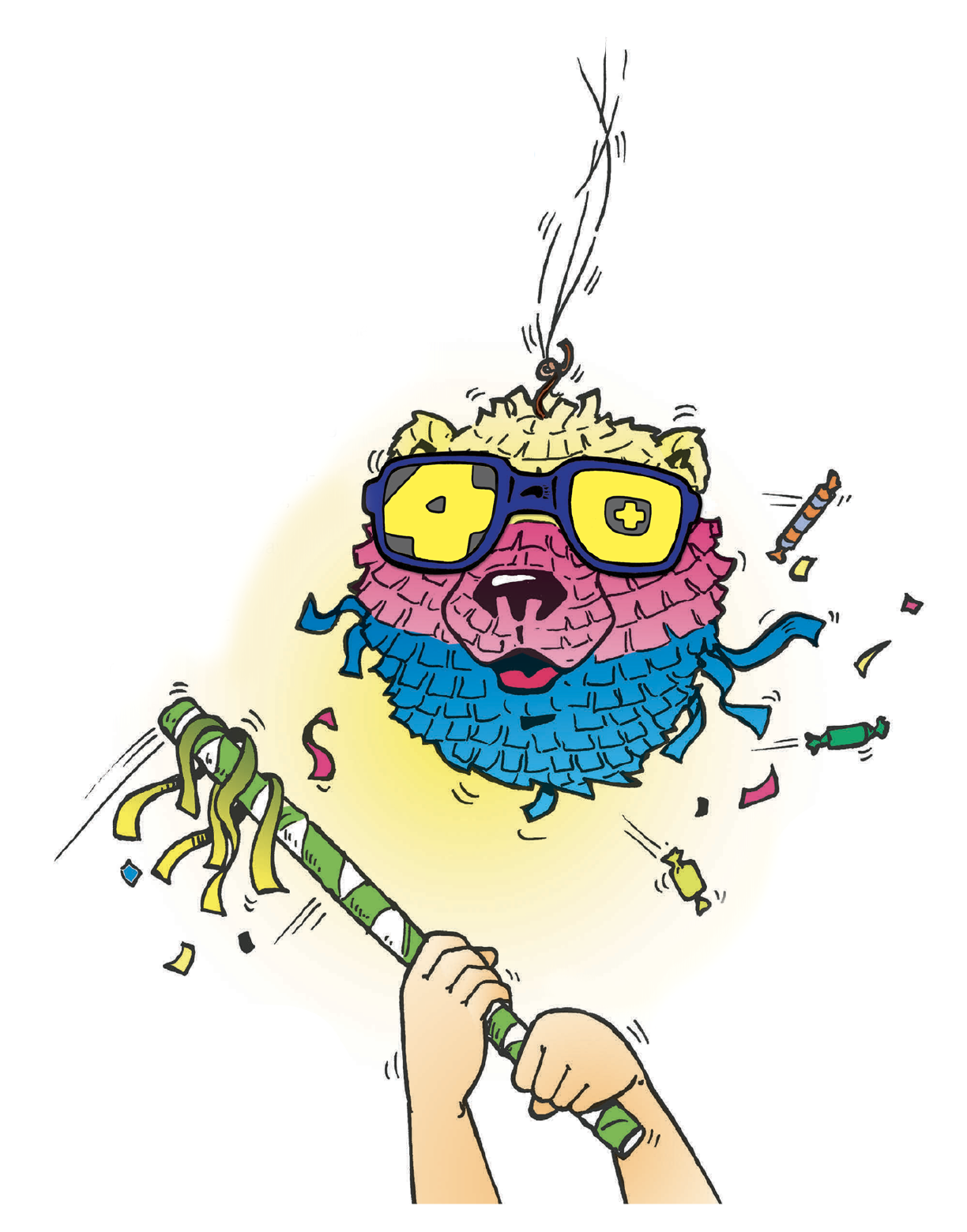 A bear head shaped piñata with big sunglasses shaped like the number 40 is bursting open as someone swings a green stick at it. Candy flies out.