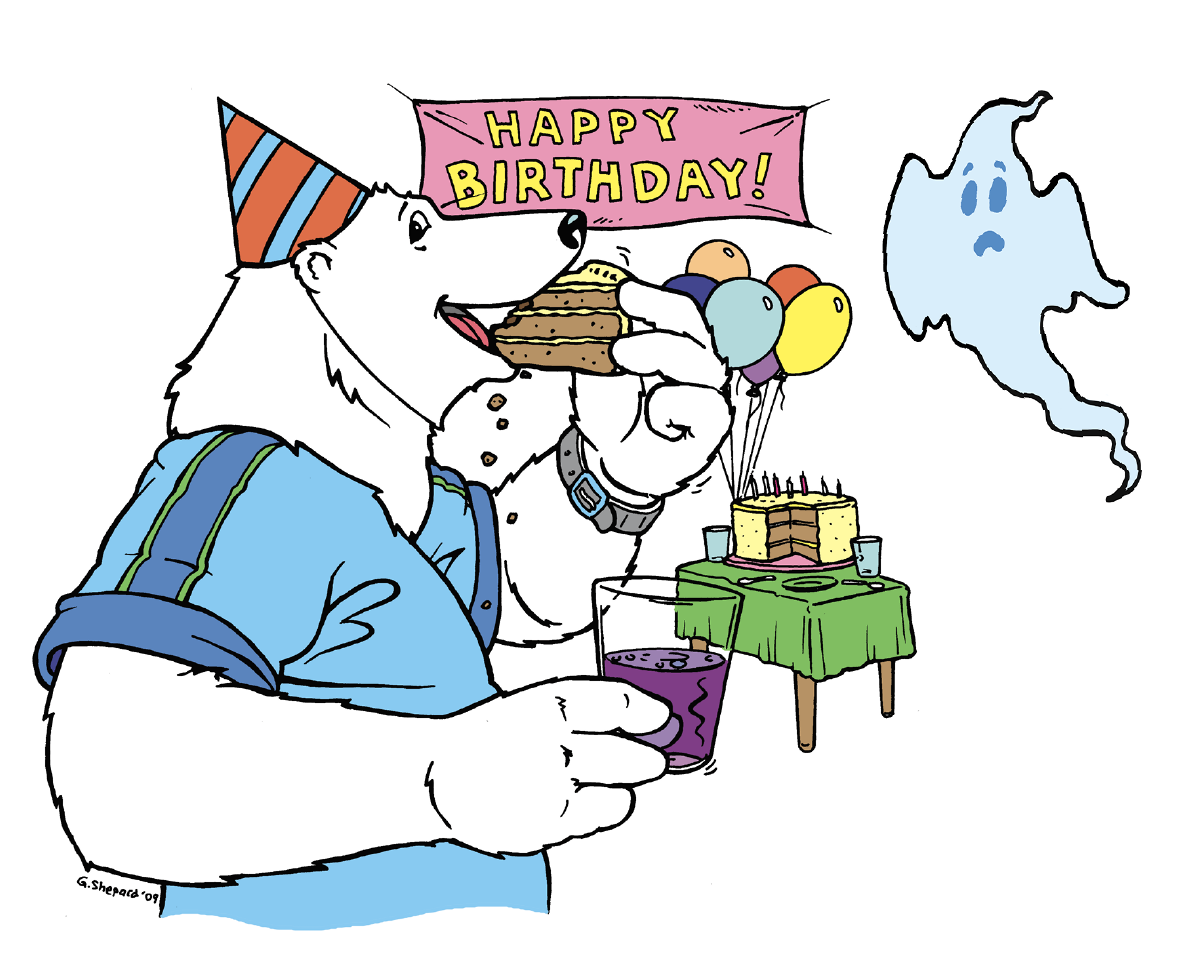 Boomer the polar bear wears a party hat and eats cake at a birthday party while a ghost watches.