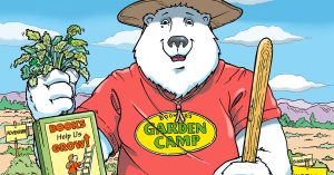 Boomer the polar bear stands in a garden holding a plant, a book called “Books Help Us Grow,” and a wooden stick.