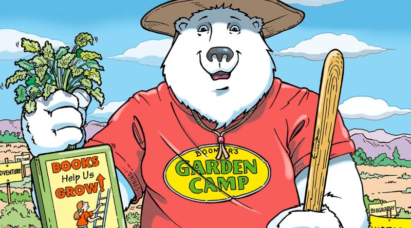 Boomer the polar bear stands in a garden holding a plant, a book called “Books Help Us Grow,” and a wooden stick.