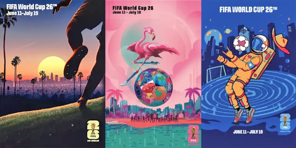 Colorful splash pad with water spraying from buckets, arches, and fountains on a sunny day, with trees and a shaded seating area in the background.