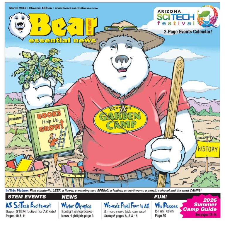 Boomer the polar bear stands in a garden holding a plant, a book called “Books Help Us Grow,” and a wooden stick.