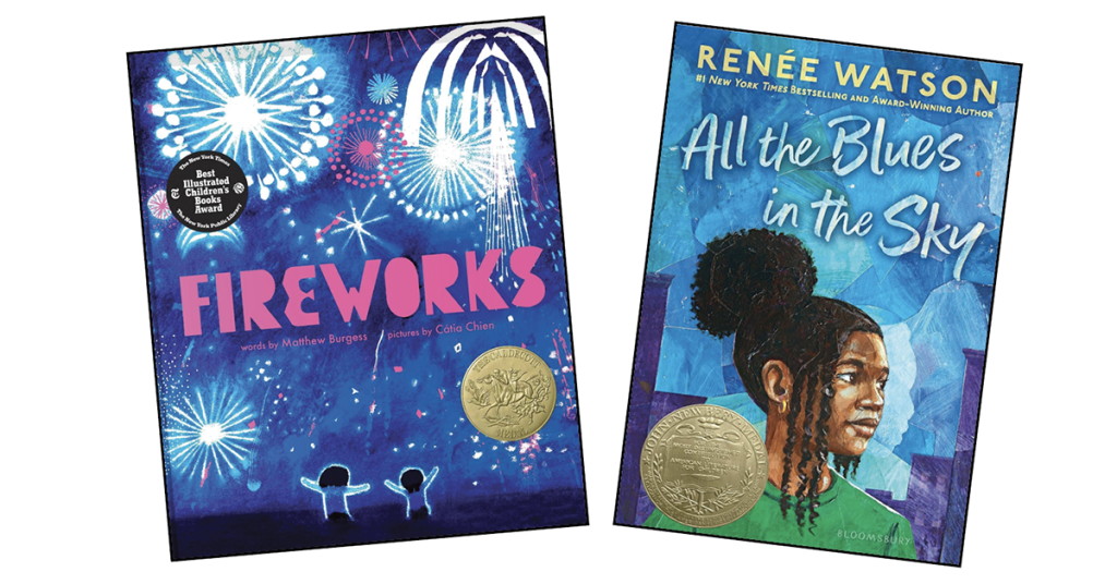 Two book covers show bright fireworks in the night sky and a girl looking up at a blue sky with city buildings behind her.