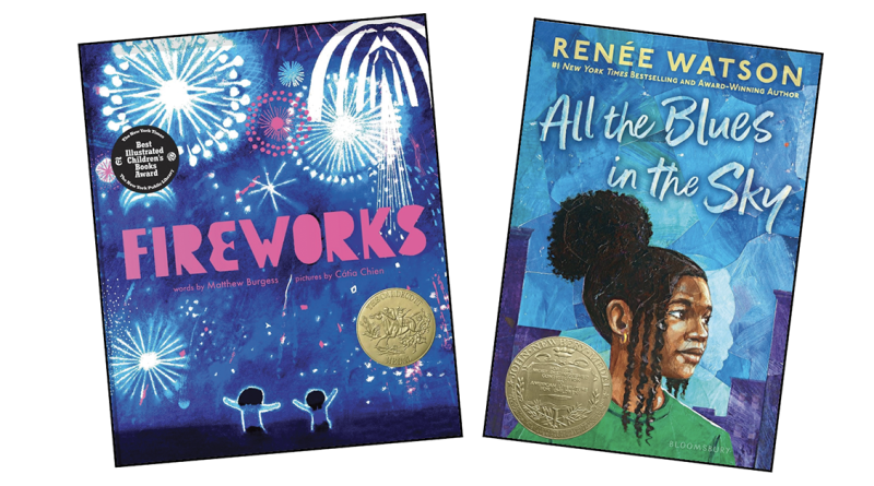 Two book covers show bright fireworks in the night sky and a girl looking up at a blue sky with city buildings behind her.