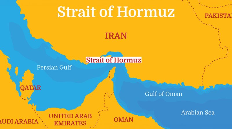 A colorful map shows the Strait of Hormuz between Iran and Oman, connecting the Persian Gulf to the Arabian Sea.