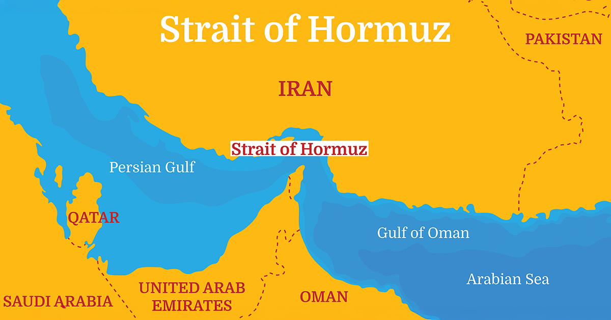 A colorful map shows the Strait of Hormuz between Iran and Oman, connecting the Persian Gulf to the Arabian Sea.
