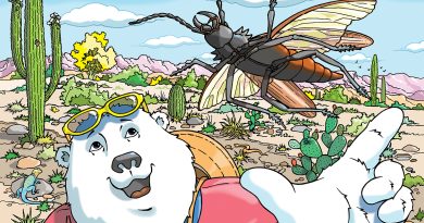 Boomer the polar bear smiles in the desert and points at a large flying insect above cacti and rocks under a blue sky.