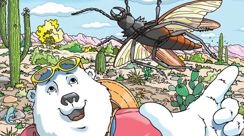 Boomer the polar bear smiles in the desert and points at a large flying insect above cacti and rocks under a blue sky.