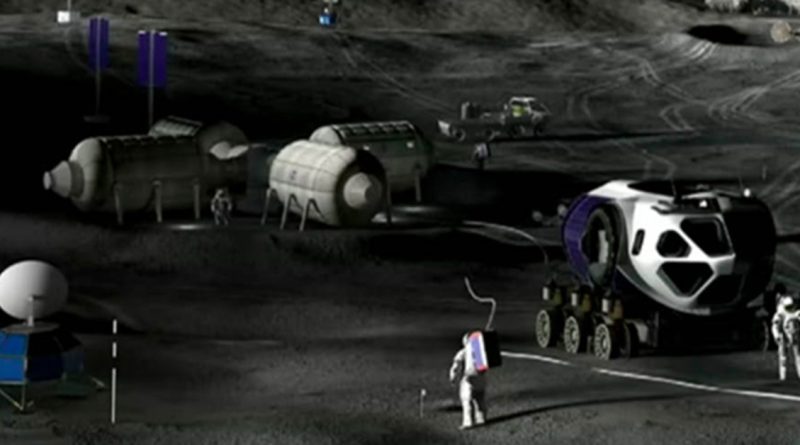 A drawing shows astronauts working near small buildings and vehicles on a dark, dusty surface like the Moon.