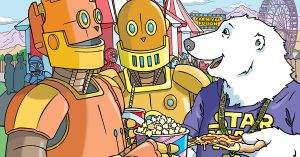 Boomer Bear talks with two robots at a carnival while holding pizza. The robots hold popcorn and a drink.