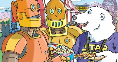 Boomer Bear talks with two robots at a carnival while holding pizza. The robots hold popcorn and a drink.