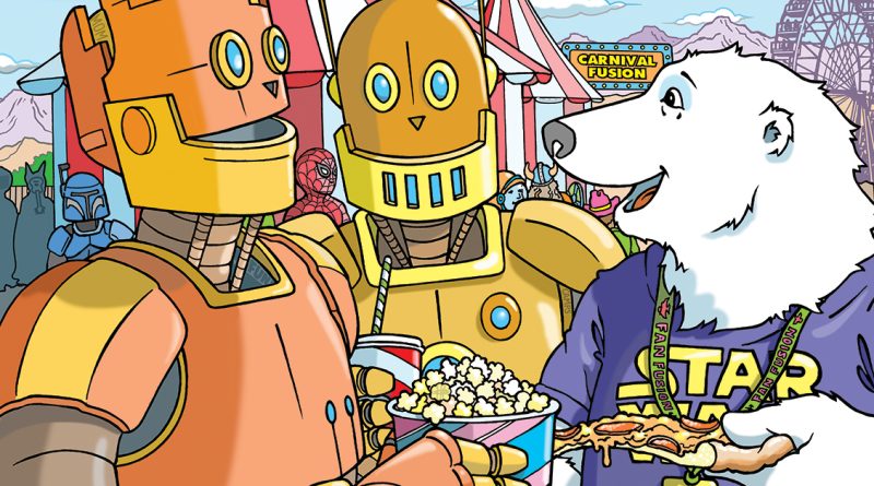 Boomer Bear talks with two robots at a carnival while holding pizza. The robots hold popcorn and a drink.