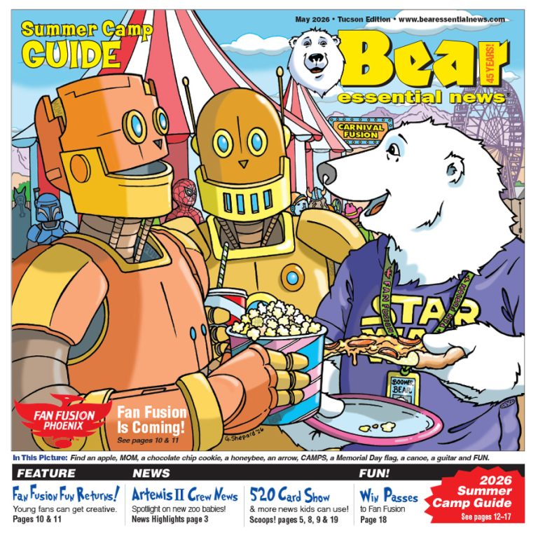 Bear 2026 Front Cover: Boomer Bear talks with two robots at a carnival while holding pizza. The robots hold popcorn and a drink.