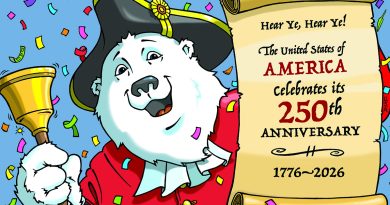 Cartoon polar bear named Boomer in a red colonial coat rings a bell and holds a scroll announcing America's 250th Anniversary, 1776–2026."Cartoon polar bear named Boomer in a red colonial coat rings a bell and holds a scroll announcing America's 250th Anniversary, 1776–2026.
