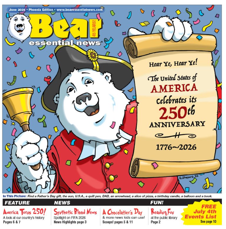Cartoon polar bear named Boomer in a red colonial coat rings a bell and holds a scroll announcing America's 250th Anniversary, 1776–2026."Cartoon polar bear named Boomer in a red colonial coat rings a bell and holds a scroll announcing America's 250th Anniversary, 1776–2026.