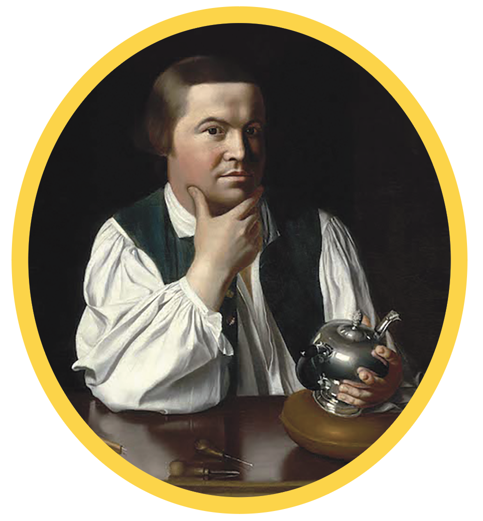 Painted portrait of Paul Revere in a white shirt holding a silver teapot.