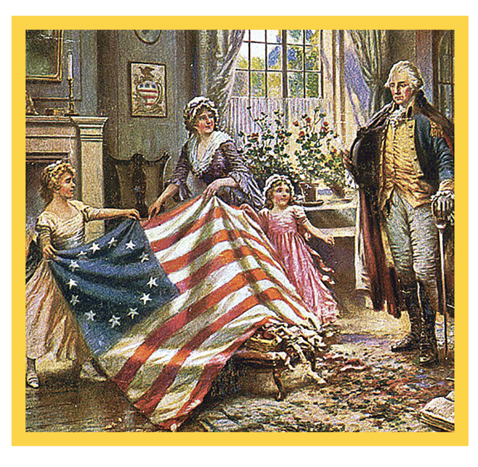 Historical painting of Betsy Ross and George Washington with two children holding up the first American flag indoors.