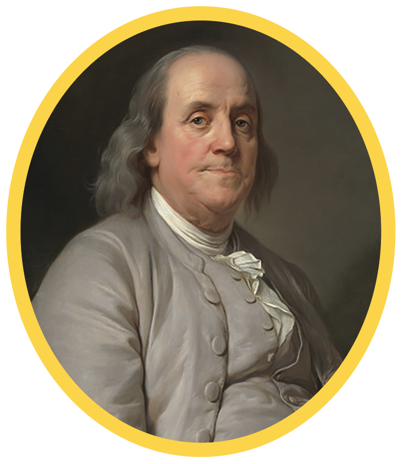 Painted portrait of Benjamin Franklin with gray hair, wearing a gray colonial coat."