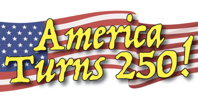 Waving American flag with bold yellow text that reads 'America Turns 250!'
