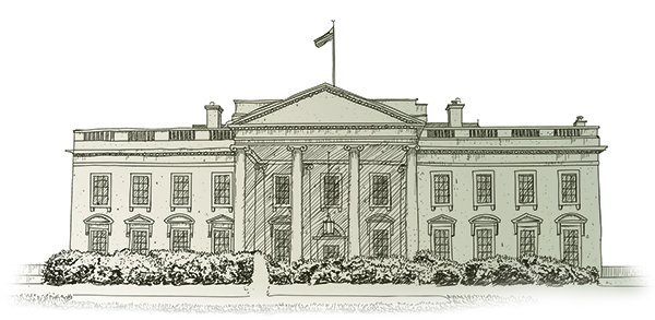 Detailed pencil sketch of the White House showing its columns, windows, and flag on top, with bushes in front.